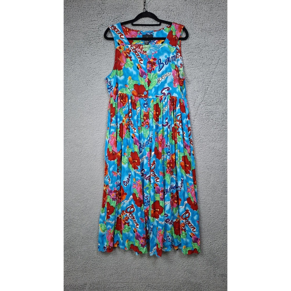 Vintage Carole Little Dress L Button Front Pleated Modest Maxi Boho Blue Tropics